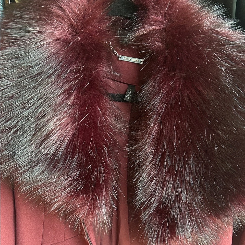 White House Black Market Burgundy Coat with Faux Fur Collar - Picture 5 of 5